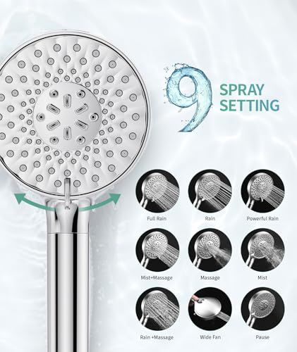SR SUN RISE filtered shower head with handheld, high pressure 9 spray mode chrome shower head with filter, water softening filter beads for hard water - remove chlorine - reduce dry itching skin