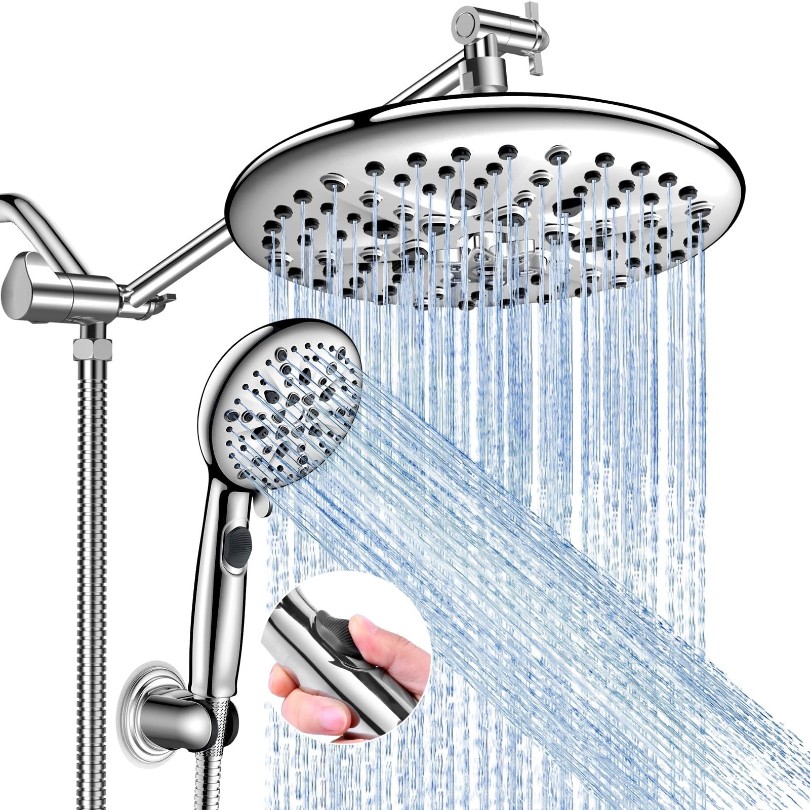 FEELSO 10" High Pressure Shower Head Combo with Handheld Spray, 16 Settings, 11" Adjustable Arm, ON/OFF Pause Switch (Chrome)