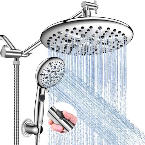 FEELSO 10" High Pressure Shower Head Combo with Handheld Spray, 16 Settings, 11" Adjustable Arm, ON/OFF Pause Switch (Chrome)