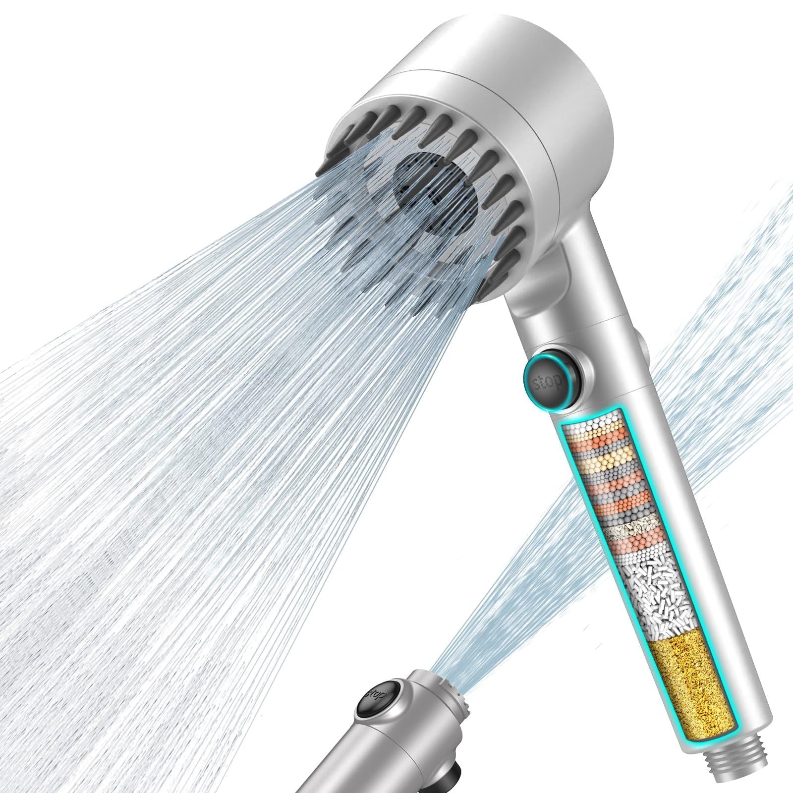 FEELSO Hard Water Filter Shower Head with 15 Stage Filter, 3+1 Spray Jet Modes High Pressure Shower Head and 1.5m Hose, Handheld Massage Shower Filter for Residual Chlorine Remove Silver