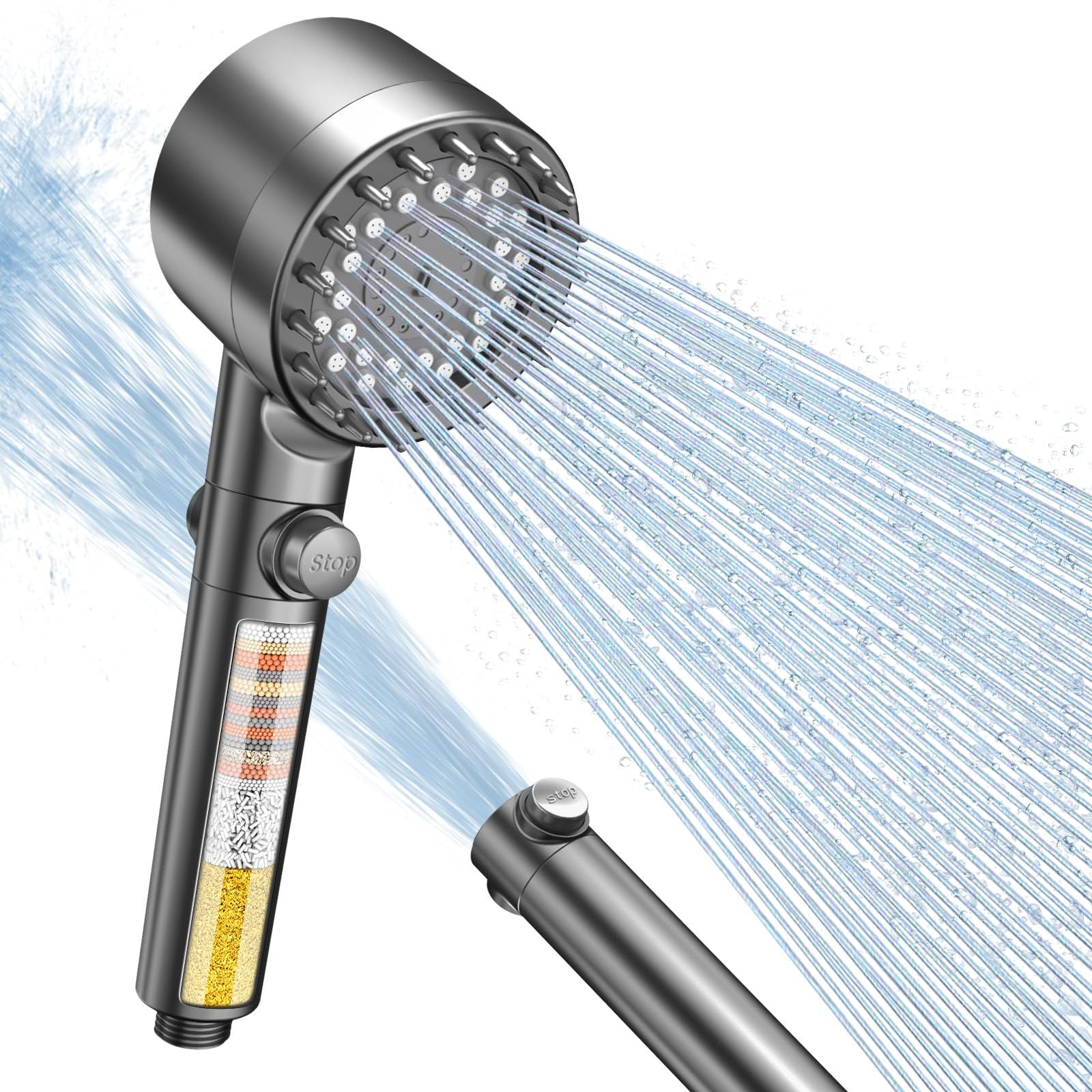FEELSO Shower Head Filter with Anti-clog Nozzles, 15 Stage Filter & 3+1 Spray Modes High Pressure Shower Heads for Hard Water, Handheld Massage Shower Filter for Remove Chlorine, Reduce Dry Itchy Skin